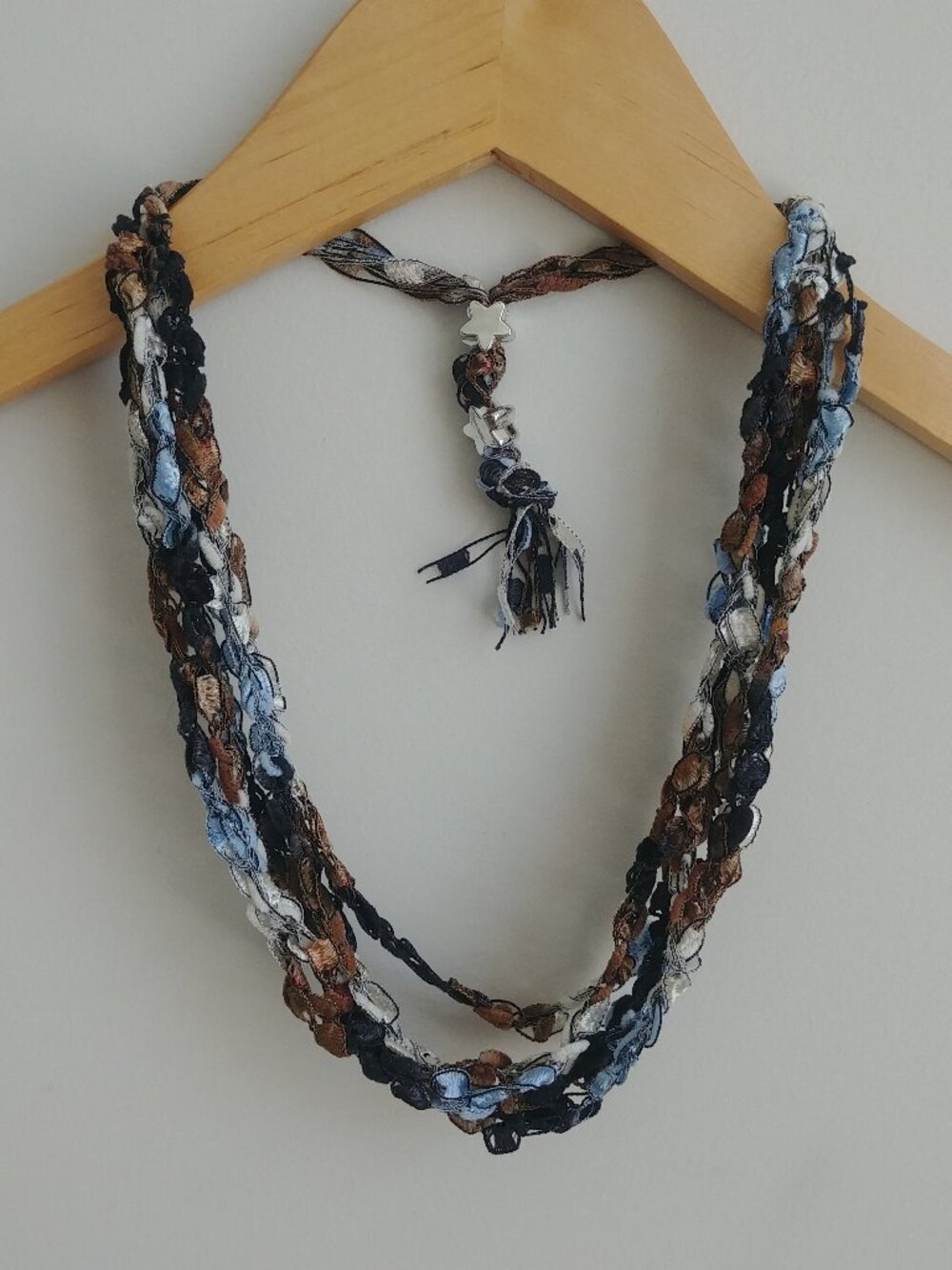 4/$20 Handmade adjustable multi strand fabric necklace blue and brown flecks